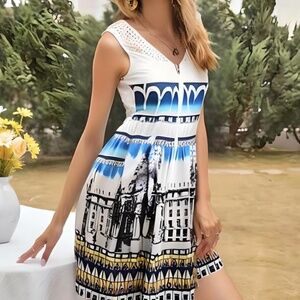 NWT Women's Sleeveless Building Print Zip Up A-Line Dress
